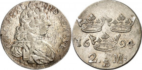 SCHWEDEN. 
KÖNIGREICH. 
Karl XI. 1660-1697. 2 Mark 1694 Belorb. Büste n.r. / 3 Kronen. AAH&nbsp; 150. . 

ss