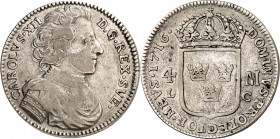 SCHWEDEN. 
KÖNIGREICH. 
Karl XII. 1697-1718. 4 Mark 1716 Brb. n.r. / Gekr. Wappen, CAROLVS. AAH&nbsp; 77a. . 

ss