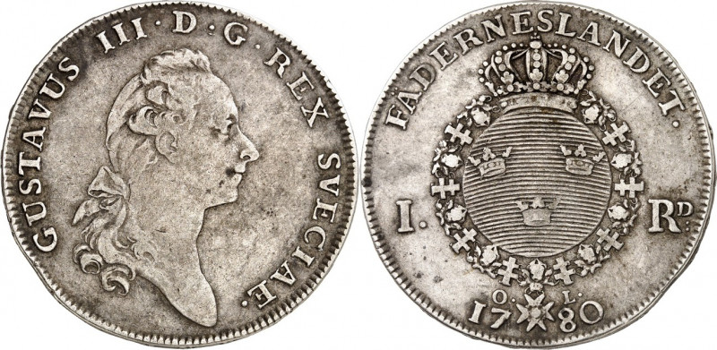 SCHWEDEN. 
KÖNIGREICH. 
Gustav III. 1771-1792. Riksdaler 1780 Brb. n.r. / Gekr...