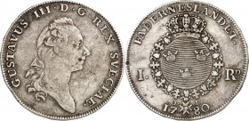 SCHWEDEN. 
KÖNIGREICH. 
Gustav III. 1771-1792. Riksdaler 1780 Brb. n.r. / Gekr. rundes Wappen in Ordenskette. AAH&nbsp; 46, Dv.&nbsp; 1736. . 

ss...