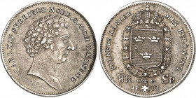 SCHWEDEN. 
KÖNIGREICH. 
Karl XIV. Johann 1818-1844. 1/8 Riksdaler Specie 1833 Kopf n.r. / Gekr. Wappen in Ordenskette. AAH&nbsp; 87. . 

ss-vz