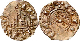 SPANIEN. 
KASTILIEN & LEON. 
Fernando IV. 1295-1312. "Bi"(AE)-Pepion 0,82g, Sevilla Kastell mit 3 Türmen; unten T. + F REX CASTELL[I] / + ET LEGIONI...