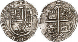 SPANIEN. 
KÖNIGREICH. 
Felipe II. 1556-1598. II Reales o.J. S Sevilla. Gekröntes Wappen / Wappen im Achtpass. CC&nbsp; 3626. . 

l.Prägeschw., ss...