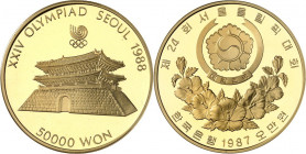 KOREA. 
(Süd). 50 000 Won 1987(Unze) Olympiade 1988 Seoul Pagoda. K./M. 73, F. 9. . 

GOLD P.P. im Or. Etui