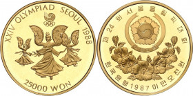 KOREA. 
(Süd). 25 000 Won (1/2 Unze) 1987 Olympiade Seoul. Fechertänzerinnen. K./M. 64, F. 12. . 

GOLD P.P. im Or.-Etui