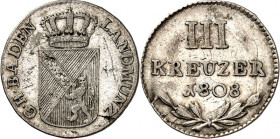 Baden. 
Karl Friedrich, als Großherzog (1738-)1806-1811. 3 Kreuzer 1818. AKS 19, J. 2. . 

kl. Schrf. ss