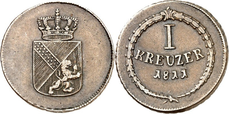 Baden. 
Karl Friedrich, als Großherzog (1738-)1806-1811. Cu-1&nbsp;Kreuzer 1811...