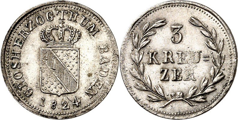 Baden. 
Ludwig 1818-1830. 3 Kreuzer 1824. AKS 62, J. 28. . 

l. Prägeschw.,vz...