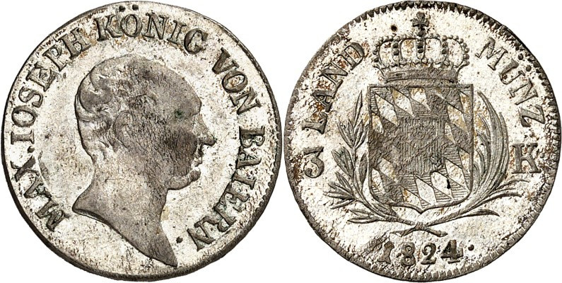 Bayern. 
Maximilian I. Joseph (1799-)1806-1825. 3&nbsp;Kreuzer 1824. AKS 53, J....