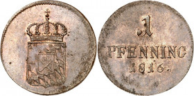 Bayern. 
Maximilian I. Joseph (1799-)1806-1825. Cu Pfennig 1816 mit Punkt. AKS 57, J. 6. . 

randjust.,ss