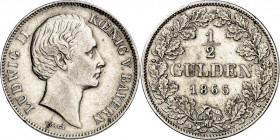Bayern. 
Ludwig II. 1864-1886. 1/2 Gulden 1865 Kopf mit Scheitel. AKS 179, J. 99. . 

l.Schrf.,ss-vz