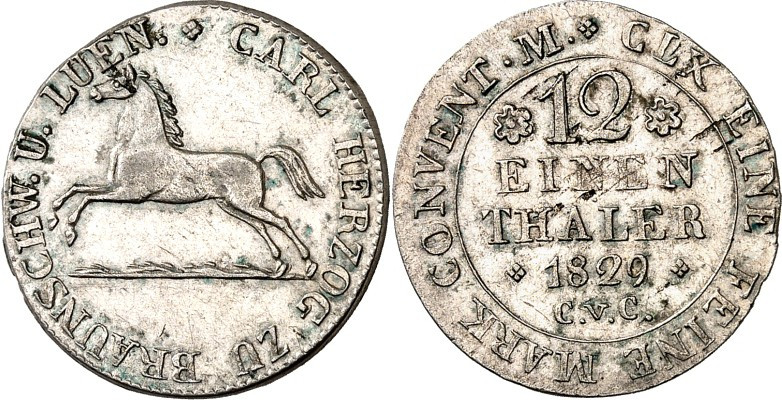 Braunschweig. 
Karl II., selbstständig 1824-1830. 1/12 Taler 1829 mit LUEN. AKS...