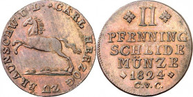 Braunschweig. 
Karl II., selbstständig 1824-1830. Cu-2 Pfennige 1824 C.v.C. AKS 61, J. 234. . 

vz