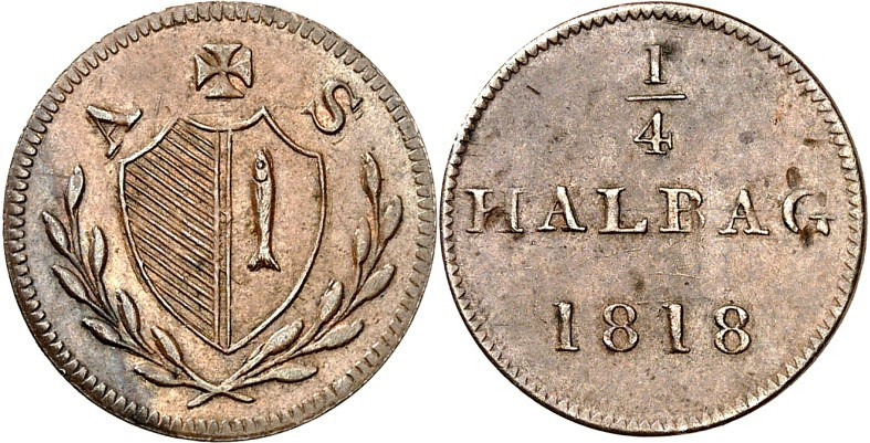 Frankfurt. 
Judenpfennige. 1/4 Halbag 1818 Cu. J. 6. . 

vz