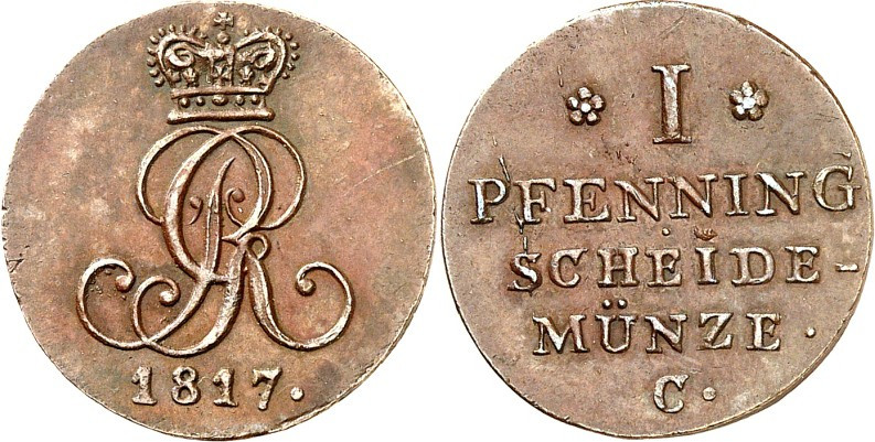 Hannover, Kgr.. 
Georg III. (1760-)1815-1820. Cu-1&nbsp;Pfennig 1817 C. AKS 25,...