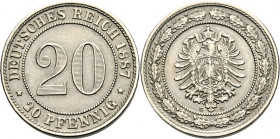 KAISERREICH-Kleinmünzen. 
20 Pfennig 1887G CuNi. Alter Adler. J. 6. . 

vz-