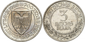 WEIMARER REPUBLIK. 
GEDENKMÜNZEN. 
3 Reichsmark 1926A Lübeck. J. 323. . 

vz-St