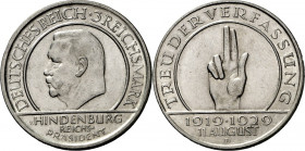 WEIMARER REPUBLIK. 
GEDENKMÜNZEN. 
3 Reichsmark 1929D Verfassung. J. 340. . 

min.Rf.vz+
