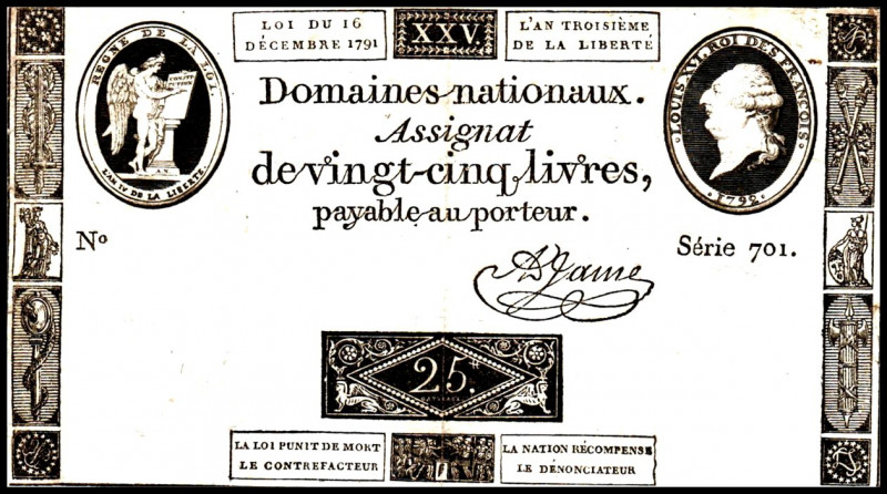 FRANKREICH. 
Assignaten. 
I. Republik. 25 Livres 16.12.1791 Louis XVI u. Geniu...
