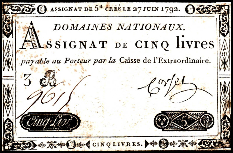 FRANKREICH. 
Assignaten. 
I. Republik. 5 Livers 27.6.1792. Pi. A60,3B. . 

I...