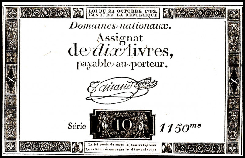FRANKREICH. 
Assignaten. 
I. Republik. 10 Livres 24.10.1792 Wasserzeichen:Fleu...