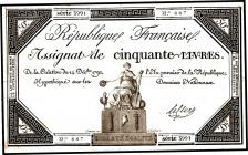 FRANKREICH. 
Assignaten. 
I. Republik. 50 Livres 14.12.1792 Sitzende Figur mit Schaufel auf Sockel in der unteren Mitte. Pi. A72. . 

III