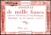 FRANKREICH. 
Assignaten. 
I. Republik. 1000 Francs 18 Nivose An III (7.1.1795) Rötlich orange. Pi. A80. . 

Zwei Klebe Falze II-III