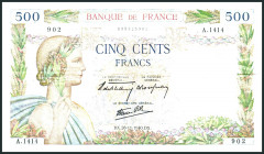 FRANKREICH. 
II. Weltkrieg. 
500 Francs 28.11.1940. Pi. 95a. . 

Nadelstiche III