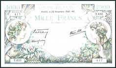 FRANKREICH. 
II. Weltkrieg. 
1000 Francs 29.11.1940 Mehrfarbig.Vs:Frau links und rechts.Rs:Schmied und Merkur. Pi. 96a. . 

I-