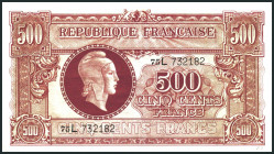FRANKREICH. 
II. Weltkrieg. 
500 Francs All.Bes. 1944 Porträt Marianne braun. Pi. 106. . 

III