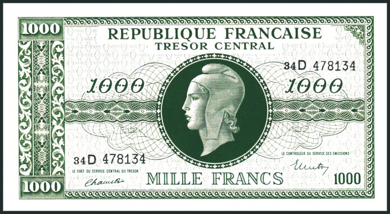 FRANKREICH. 
II. Weltkrieg. 
1000 Francs o.D.(1944) Grün. Porträt Marianne .Zw...