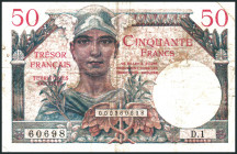 FRANKREICH. 
Militärausgaben. 
Militärausgaben WW II. 50 Francs o.D. (1947) Kriegsgefangenenlager 2. Weltkrieg.blau. Pi. M8. . 

III-IV