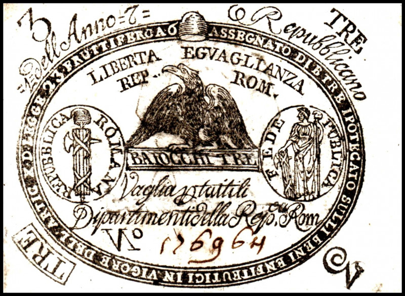ITALIEN. 
Kirchenstaat. 
1. Römische Republik. 3 Baiocchi Anno 7 (1798). Pi. S...