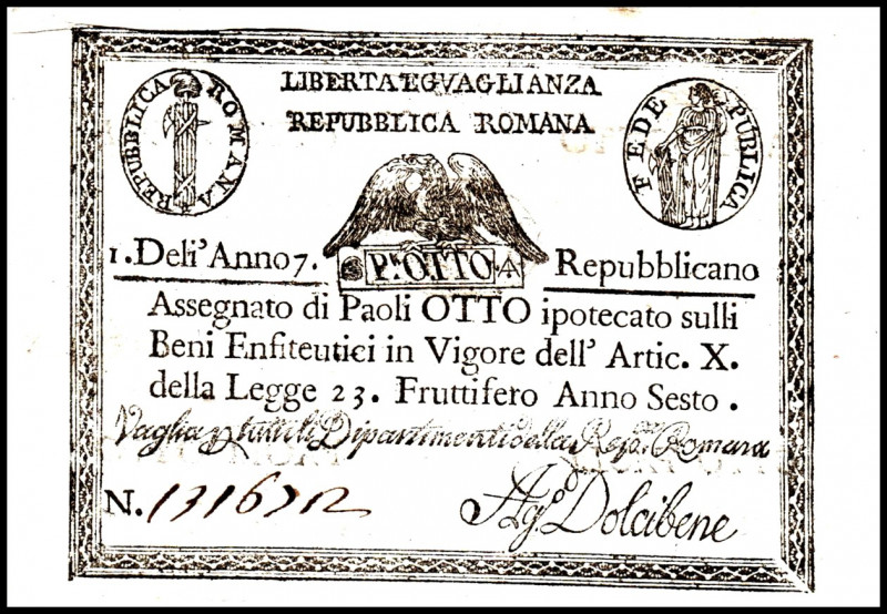 ITALIEN. 
Kirchenstaat. 
1. Römische Republik. 8 Paoli An 7 (1798-99). Pi. S53...