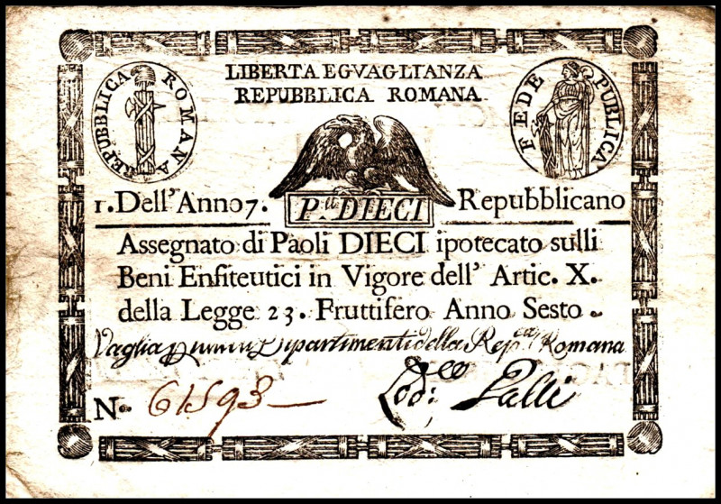ITALIEN. 
Kirchenstaat. 
1. Römische Republik. 10 Paoli An 7 (1798-99). Pi. S....