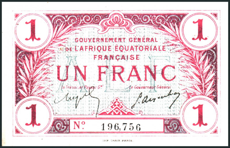 FRANZÖSISCH ÄQUATORIAL AFRIKA. 
1 Franc o.D (1917) Ohne Wasserzeichen, 3 Signat...