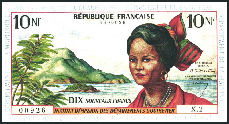 FRANZÖSISCH GUYANA. 
10 Nouveaux Franc o.D.(1963) Überdruck: Departement de La ...
