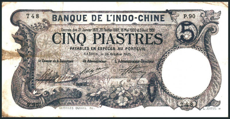 FRANZÖSISCH INDOCHINA. 
5 Piastres 16.10.1915 Saigon. Pick&nbsp; 37b. . 

IV