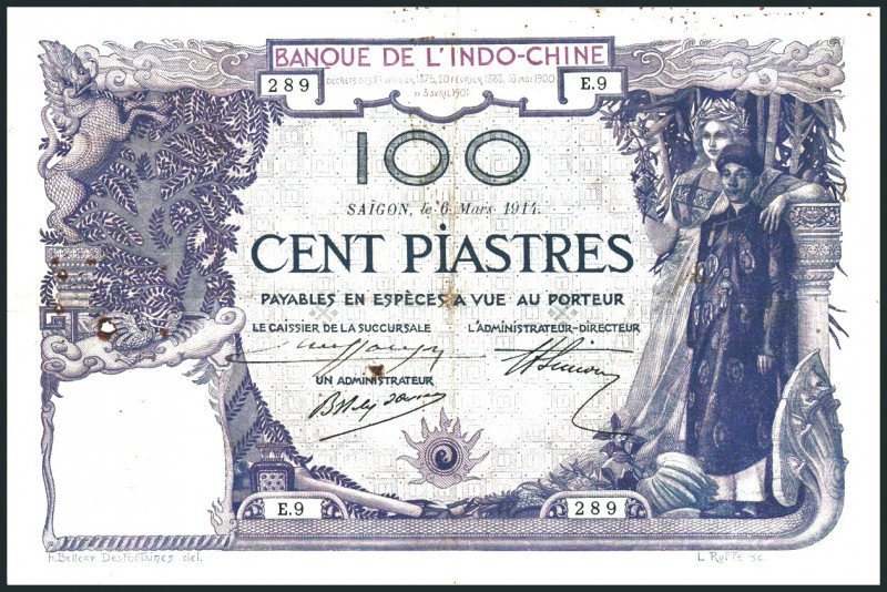 FRANZÖSISCH INDOCHINA. 
100 Piaster 6.3.1914 Saigon. Pick&nbsp; 39. . 

Nadel...