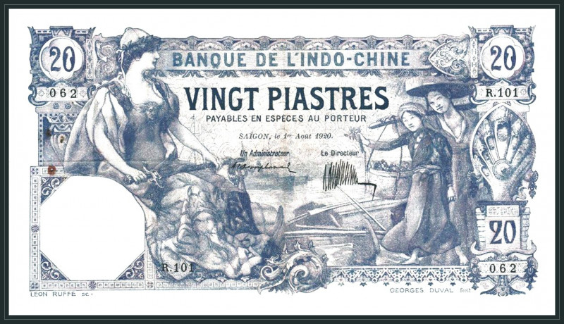 FRANZÖSISCH INDOCHINA. 
20 Piaster 1.8.1920. Pick&nbsp; 41. . 

Nadelrostlöch...