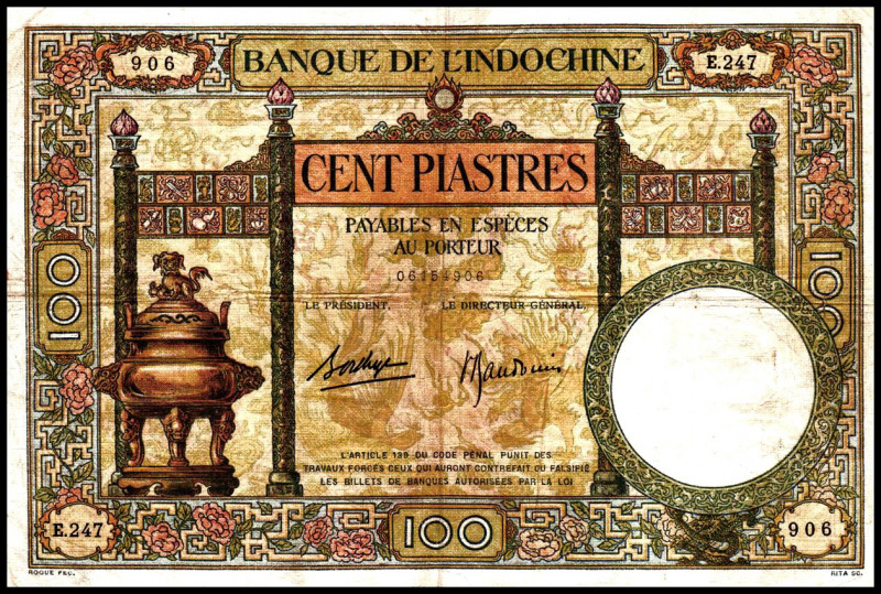 FRANZÖSISCH INDOCHINA. 
100 Piaster o.D 1936-39. Pick&nbsp; 51d. . 

III