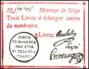 MAINZ. 
Belagerung. 3 Livres vom May 1793 Stempelunterschriften / Sign: Reubel,d'Oyre',Herzog. Pi. S1477b. . 

kl.Fleck, I-