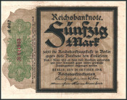 I. Weltkrieg von 1914/1918. 
50 Mark 20.10.1918 "Trauerschein" Reichsbanknote Wz. Schippen, KN 6stellig, Serie A. Ros. 56e/DEU 44. . 

I-
