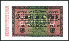 Inflation von 1919/1924. 
20 Tsd. Mark 20.2.1923 KN 7stellig,Wz. Hakensterne. Ros. 84f. . 

I-II