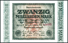 Inflation von 1919/1924. 
20 Milliarden Mark 1.10.1923 Wz. Hakensterne, KN 6 stellig rot ohne No., FZ:HH. Ros. 115b/DEU 137. . 

I-