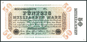 Inflation von 1919/1924. 
50 Milliarden Mark 10.10.1923 Wz. Kreuzblüten, ohne Einfärbung u.KN, FZ PL, 2x1000 Mark, 1 Reich Mark. Ros. 116e/DEU 140. (...