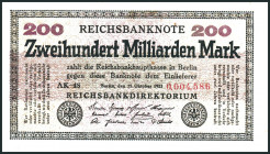 Inflation von 1919/1924. 
200 Mrd. Mark 15.10.1923 Wz. Ringe KN 7stellig mit 2 Kommas, FZ AK. Ros. 118g/DEU 143. . 

III