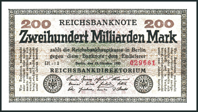 Inflation von 1919/1924. 
200 Mrd. Mark 15.10.1923 Wz.Sterne mit S, KN 6stellig...