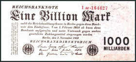 Inflation von 1919/1924. 
1 Billion 1.11.1923 6 stellig FZ rot:AF. Ros. 126b/DEU 155. . 

II