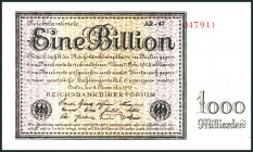 Inflation von 1919/1924. 
1 Billion Mark 5.11.1923 KN 6stellig, FZ schwarz:AR. Ros. 131d/ DEU 162. . 

I-